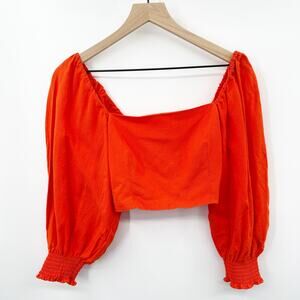 O.P.T Off The Shoulder Puff Sleeve Viscose Flax Crop Top in Orange Size M‎ NEW